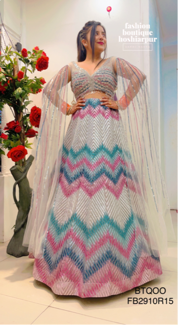 NET RAINBOW STYLE MULTI COLOURED LEHNGA WITH DESIGNER BLOUSE BUTTERFLY SLEEVES