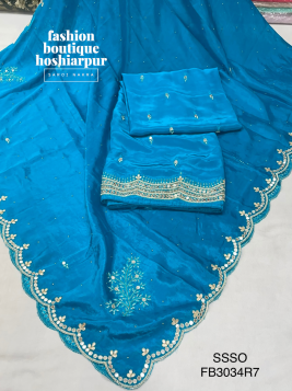 UNSTITCH SILK SUIT IN FEROZI COLOR WITH GOTTA AND MIRROR WORK