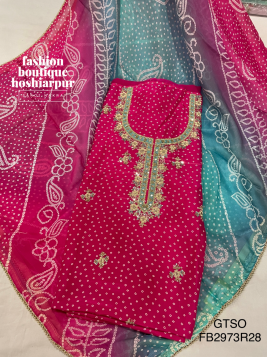 HOT PINK CREPE BANDHANI PRINTED SUIT WITH HAND EMBROIDERY