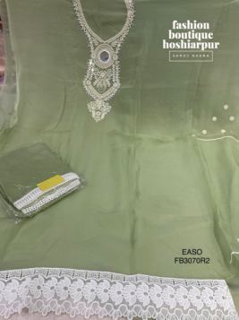 PISTA GREEN ORGANZA UN STITCHED SUIT WITH PEARL EMBROIDERY ON NECK AND SLEEVES