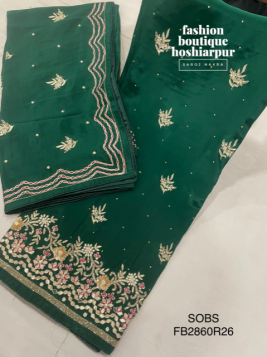 BOTTLE GREEN PARTY WEAR UNSTITCH SUIT WITH PEARL, GOTTA PATTI, SEQUIN, THREAD AND CUT DANA EMBROIDERY 