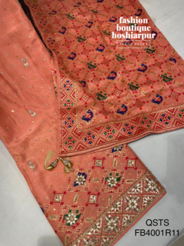 KHADI SILK UNSTITCH PEACH SUIT ON PEARL+GOTTA PATTI WORK AND PHULKARI STYLE DUPATTA