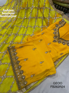 BRIGHT YELLOW PARTY WEAR UN STITCHED SUIT WITH CUT DANA WORK ON SUIT AND GOTTA ON DUPATTA
