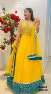 BRIGHT YELLOW GEORGETTE LONG DRESS SEAGREEN BORDER WITH PAJAMI AND NET DUPATTA