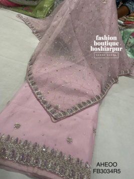 BABY PINK PARTY WEAR ORGANZA UNSTITCH SUIT WITH STONE, SEQUIN, PEARL, CUT DANA WORK ORGANZA DUPATTA