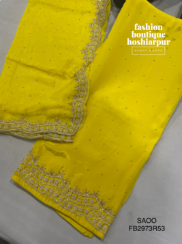 BRIGHT YELLOW PARTY WEAR SILK SUIT WITH PEARL WORK
