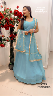 SKYBLUE GEORGETTE LEHNGA WITH LONG SHIRT AND NET SEQUIN WORKED DUPATTA