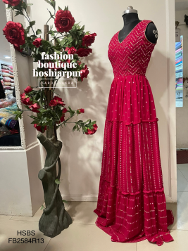 HOT PINK LONG GEORGETTE DRESS SEQUIN WORKED WITH NET DUPATTA