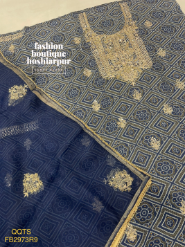 NAVY BLUE BANDHANI PRINTED WITH HAND EMBROIDERY AND ORGANZA DUPATTA
