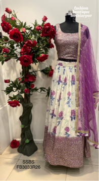 OFF-WHITE PRINTED GEORGETTE LEHENGA WITH FULL PURPLE SEQUIN BLOUSE WITH HEAVY NET DUPATTA