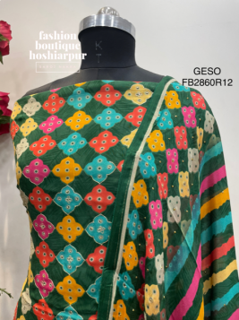BOTTLE GREEN PRINTED CREPE SUIT WITH EMBROIDERY ON BORDER
