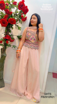LIGHT PEACH GEORGETTE PLAZO WITH HEAVY EMBROIDERED CROP TOP + NET DUPATTA