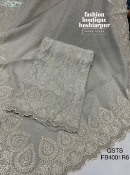 GRAY COLORED CREPE UN STITCHED SUIT WITH THREAD AND SEWROSKI WORK