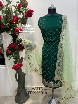 BOTTLE GREEN UNSTITCH SILK SUIT WITH ORGANZA HEAVY DUPATTA