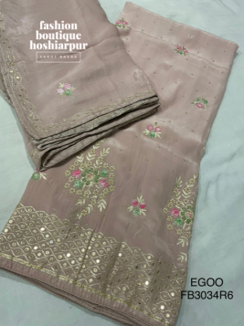 LIGHT PEACH COLORED ELEGANT UN STITCHED PARTY WEAR SUIT WITH SEQUIN, THREAD AND PEARL WORK