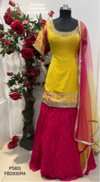 JHOT PINK LEHNGA GEORGETTE LEHNGA WITH YELLOW LONG SHIRT LAKHNAVI STYLE WITH DOUBLE SHADED NET DUPATTA
