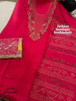 HOT PINK HEAVY PARTY WEAR UNSTITCH SUIT WITH CUT DANA EMBRODERY