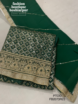 BOTTLE GREEN HEAVY PARTY WEAR UNSTITCH CHINNON SUIT 