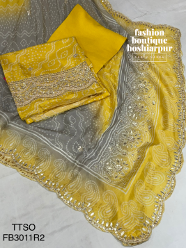 PARTY WEAR UNSTITCH YELLOW SILK SUIT IN BANDHANI STYLE