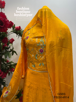 BRIGHT YELLOW COLOURED EMBROIDERED ANARKALI FROCK WITH UNSTITCH BOTTOM AND DUPATTA