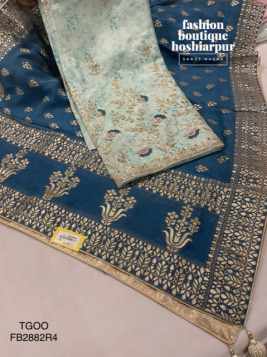 SKY BLUE PARTY WEAR UNSTITCH SUIT ON THREAD, GOTTA PATTI, PEARL WORK WITH HEAVY BANARSI DUPATTA