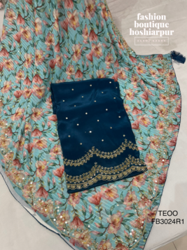 BLUE CREPE UNSTITCH SUIT WITH CONTRAST DUPATTA WITH MIRROR AND CUT DANA WORKED