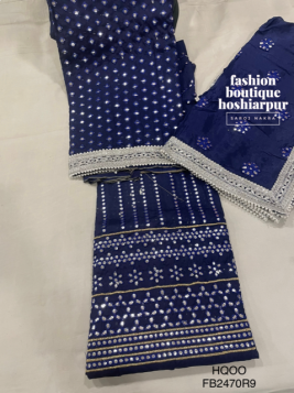 ROYAL BLUE SILK UN STITCH PARTY WEAR SUIT ON ALL MIRROR WORK