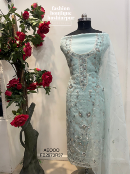 LIGHT BLUE ORGANZA UNSTITCH SUIT WITH CUT-DANA EMBROIDERY