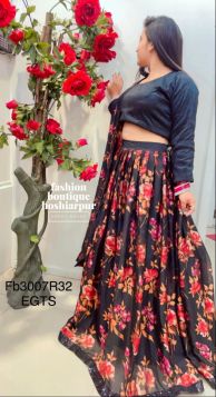 STUNNING BLACK GEORGETTE PRINTED LEHNGA WITH BLACK SILK BLOUSE