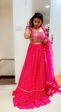 HOT PINK GEORGETTE PRINT LEHENGA WITH GOLDEN THREAD WORKED