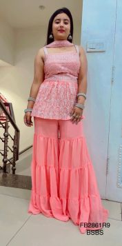 GEORGETTE PEPLUM STYLE IN BEAUTIFUL SUMERISH PEACH COLOUR WITH SHARARA N DUPATTA