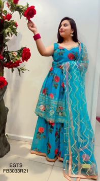 SKYBLUE PRINTED  GEORGETTE SHARARA WITH NET SEQUIN WORK DUPATTA