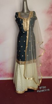 Bottle Green + Pista Green Contrasted silk Plazo suit