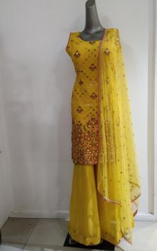 Bright Yellow sharara suit with thread+mirror work