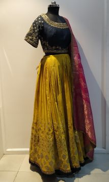 3d style lehenga choli blue blouse,mustard lehenga pink dupatta