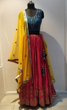 3D style lehenga choli blue blouse pink choli yellow dupatta