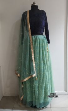 Velvet blue blouse with green lehenga net dupatta with sequence