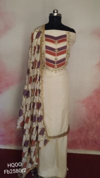 Party wear white suit with designer neck + heavy dupatta