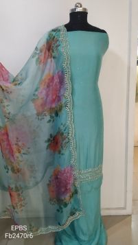 Pretty skyblue unstitched suit with organza dupatta