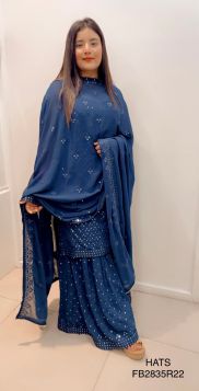 ROYAL BLUE GEORGETTE MIRROR WORKED SHARARA SUIT 