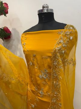 MUSTARD CRAVE UNSTITCH SUIT WITH CUT-DANA EMBROIDERY