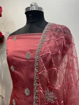 ONION COLOURED ORGANZA UNSTITCH SUIT WITH STONE EMBROIDERY