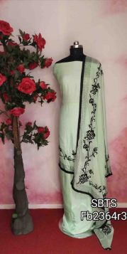 DESIGNER PASTEL PISTA GREEN SUIT WITH BALCK FLOWER EMBROIDERY