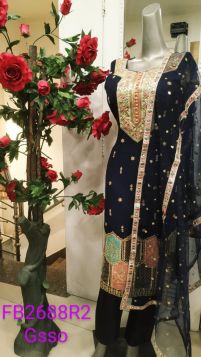 NAVY BLUE PANT SUIT WITH MULTICOLOURED WORK