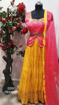 PARTY WEAR CONTRAST LEHNGA BANARSI PINK TOP WITH GEORGETTE YELLOW BOTTOM