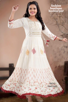 OFF-WHITE COTTON LONG DRESS PRINTED WITH THREAD AND SEQUIN WORK