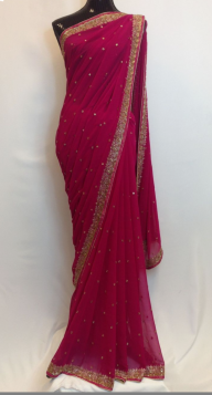 Hot Pink georgette saree with Hand Embroidery