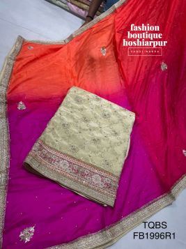 GOLDEN BROCADE HAND EMBROIDERED UN STITCHED SUIT WITH MULTI COLORED DUPATTA 