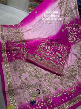MAGENTTA GOTTA PATTI WORKED PEACOCK DESIGNER UN STITCHED SUIT DOUBLE SHADED IN PURE SILK