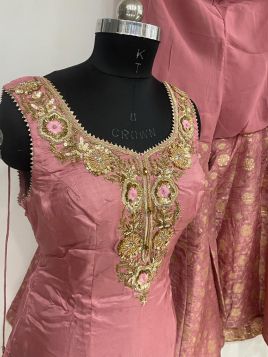 SILK SHARARA SUIT NEEMZARI WORKED WITH NET DUPATTA IN PEACH COLOR